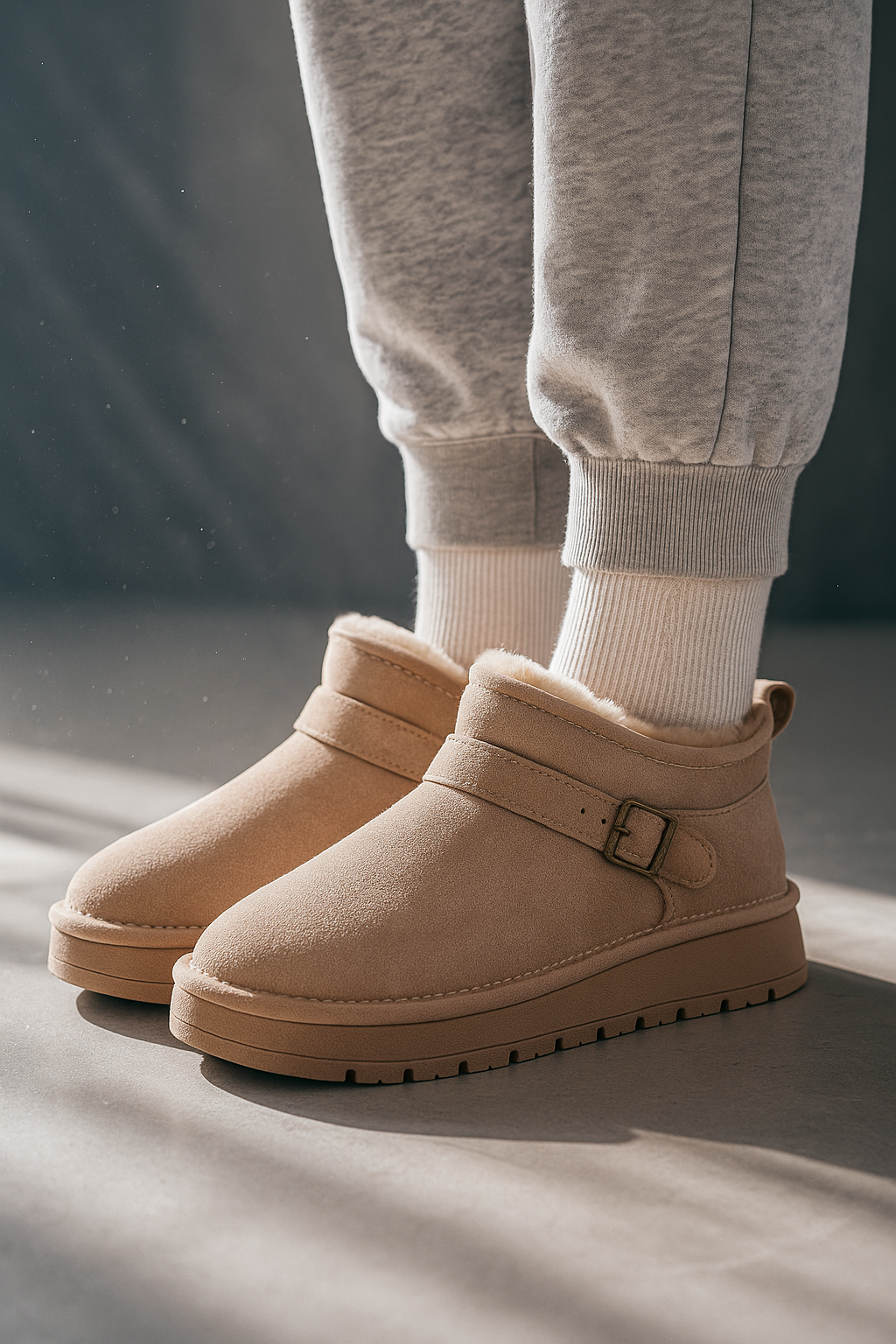 Close-up of a person wearing tan ankle boots with plush lining, buckle detail, and platform sole, paired with gray joggers and neutral socks._0