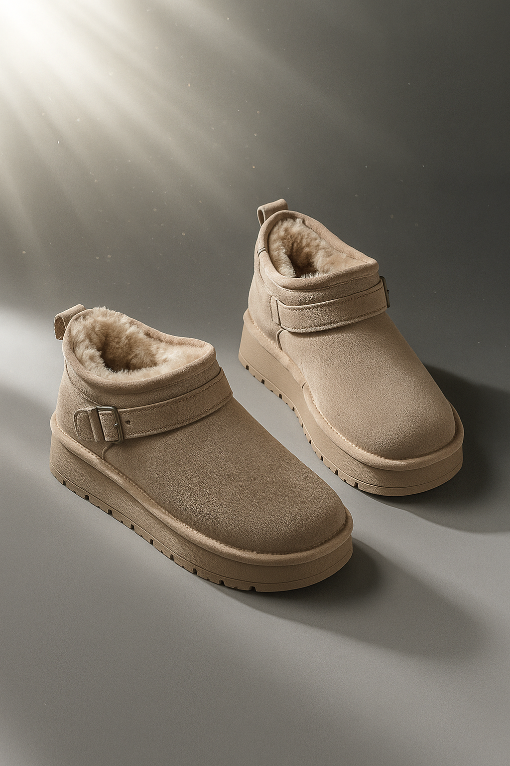 Close-up of a person wearing tan ankle boots with plush lining, buckle detail, and platform sole, paired with gray joggers and neutral socks._1