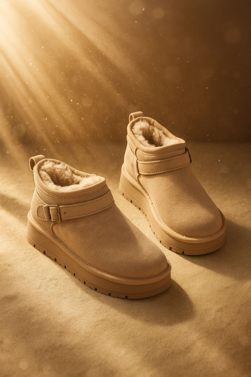 Close-up of a person wearing tan ankle boots with plush lining, buckle detail, and platform sole, paired with gray joggers and neutral socks._10