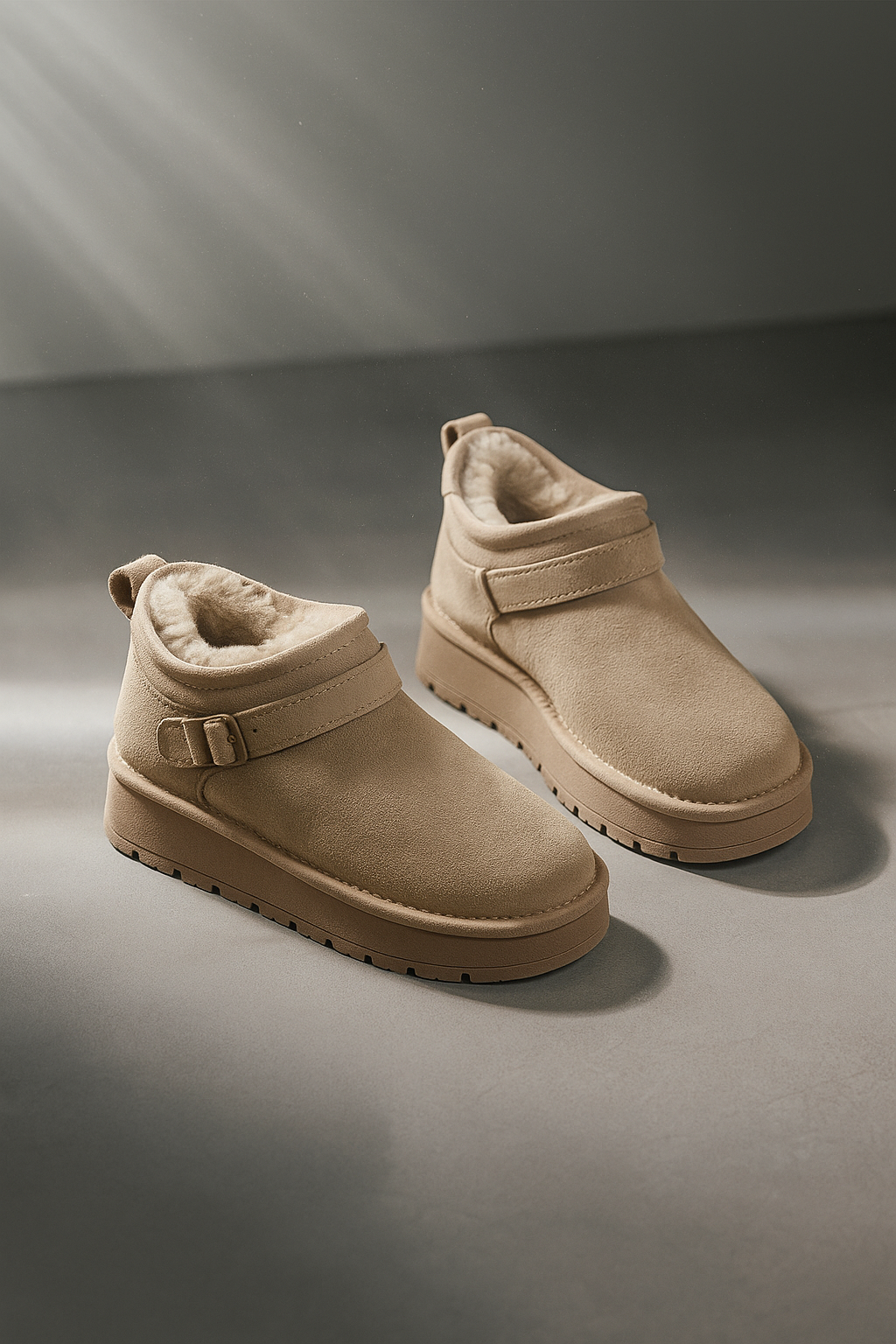 Close-up of a person wearing tan ankle boots with plush lining, buckle detail, and platform sole, paired with gray joggers and neutral socks._2