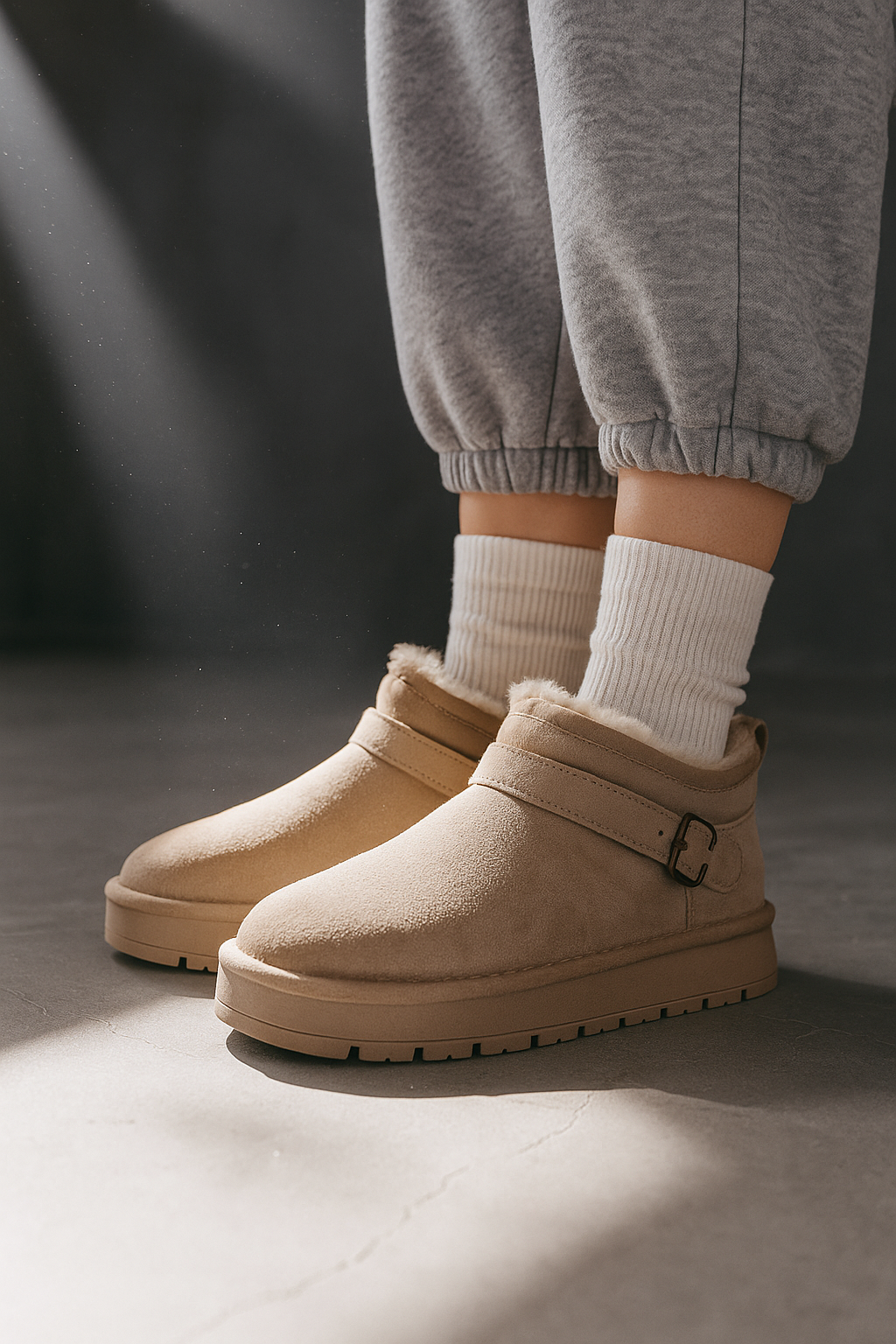 Close-up of a person wearing tan ankle boots with plush lining, buckle detail, and platform sole, paired with gray joggers and neutral socks._3