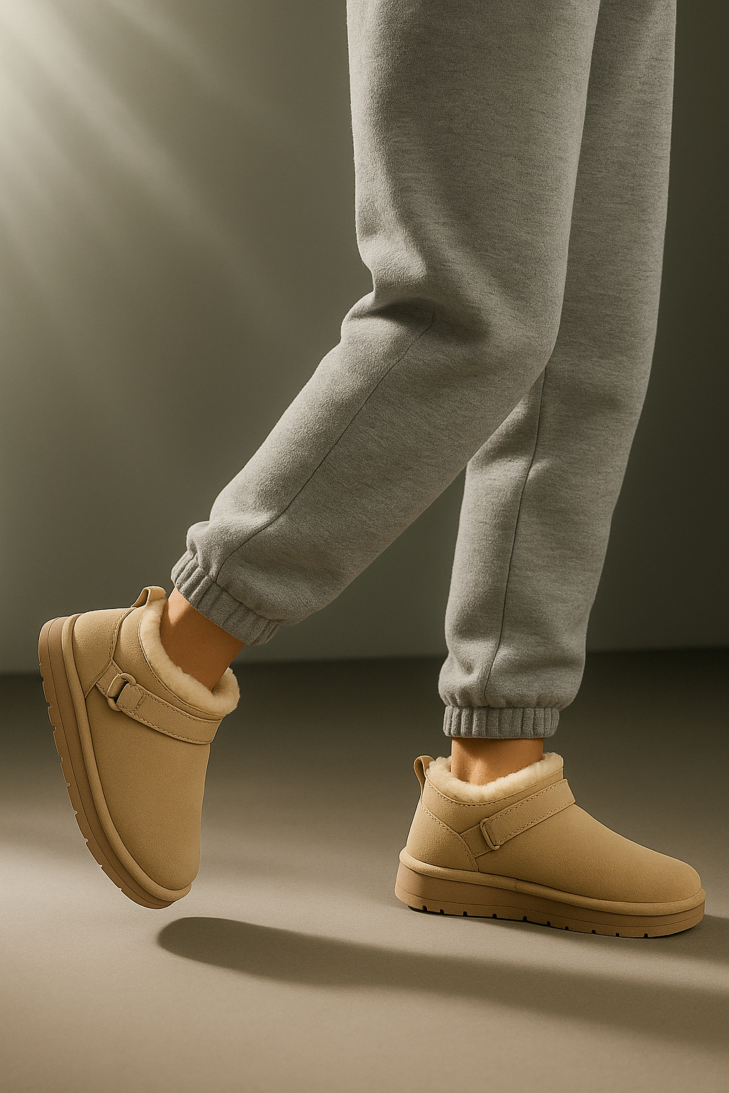 Close-up of a person wearing tan ankle boots with plush lining, buckle detail, and platform sole, paired with gray joggers and neutral socks._5