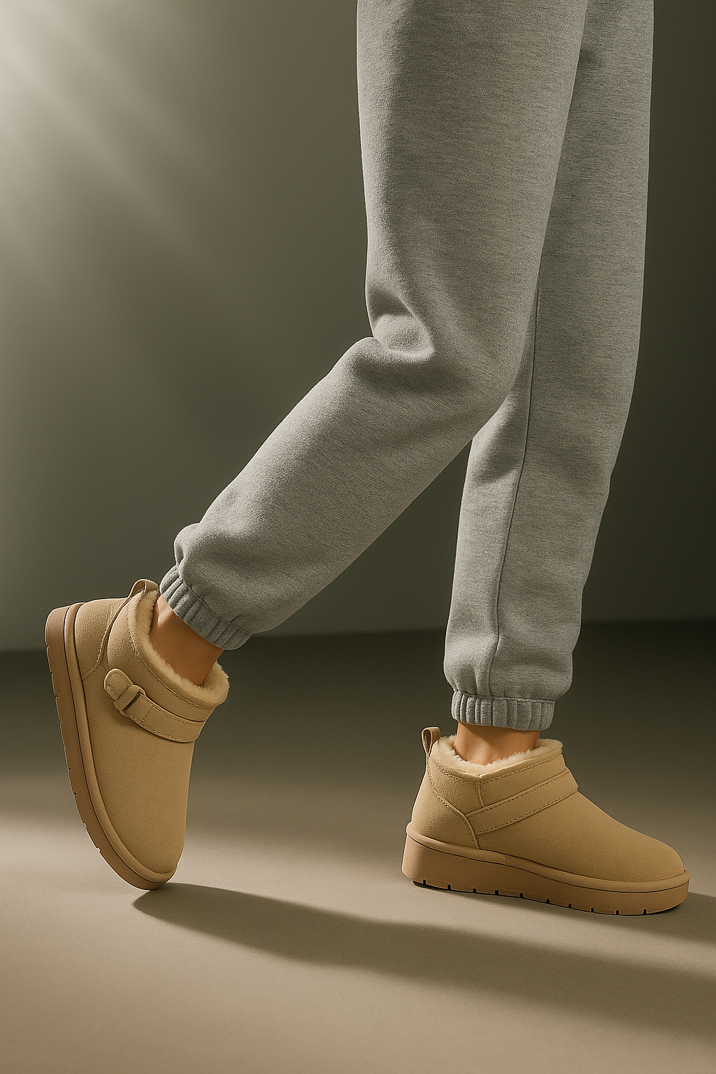 Close-up of a person wearing tan ankle boots with plush lining, buckle detail, and platform sole, paired with gray joggers and neutral socks._6