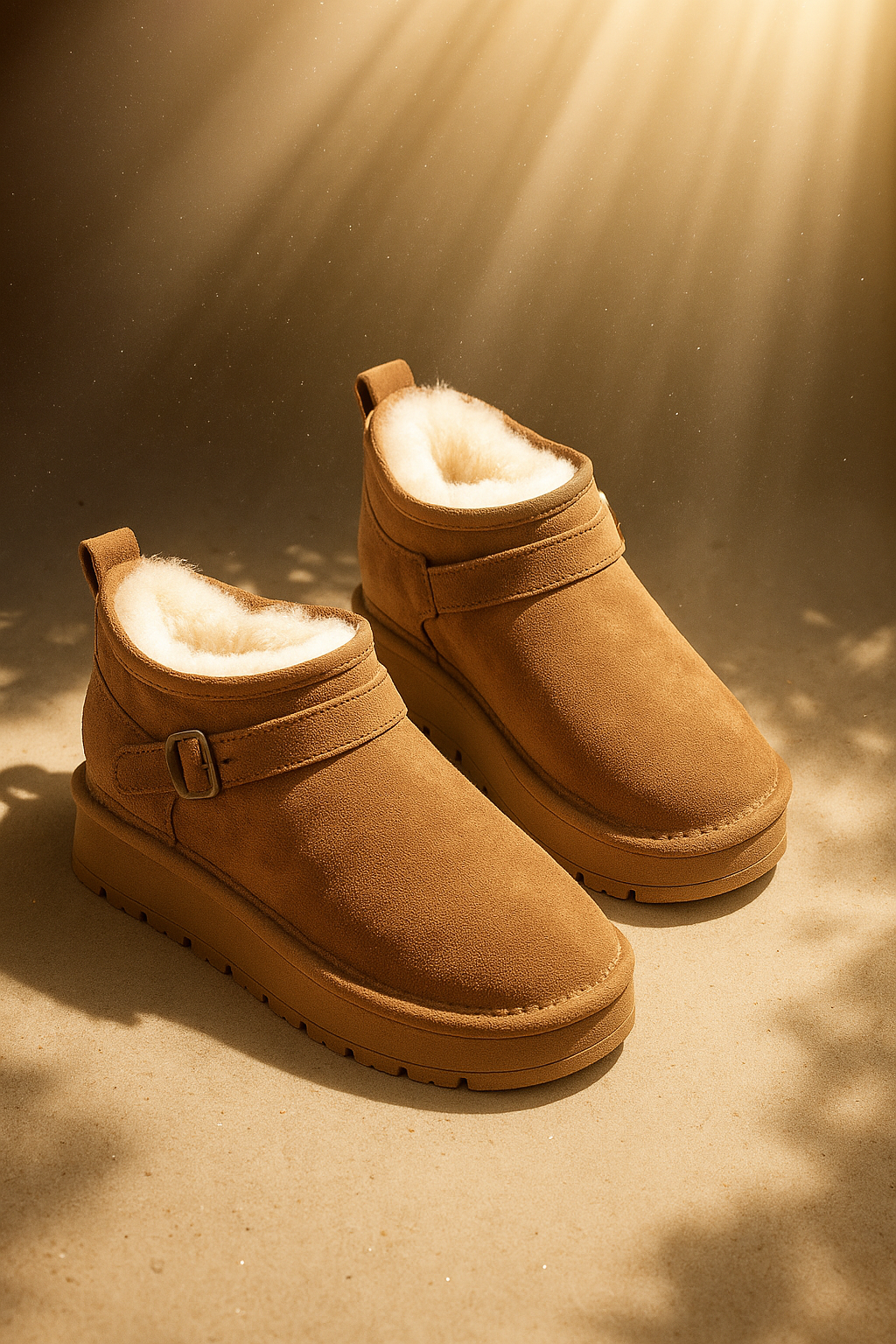 Close-up of a person wearing tan ankle boots with plush lining, buckle detail, and platform sole, paired with gray joggers and neutral socks._7