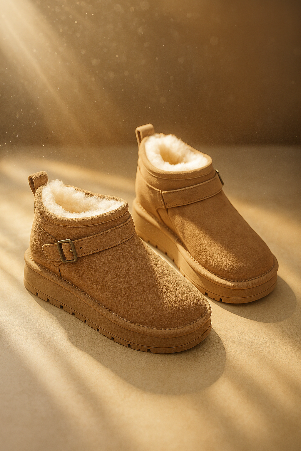 Close-up of a person wearing tan ankle boots with plush lining, buckle detail, and platform sole, paired with gray joggers and neutral socks._8