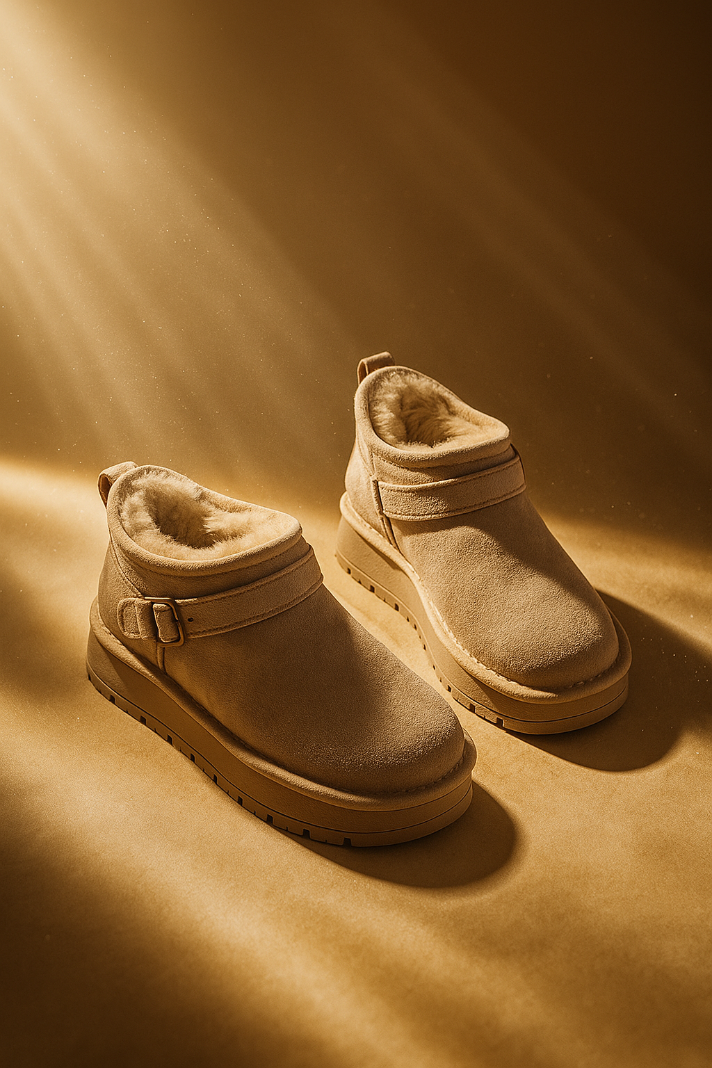 Close-up of a person wearing tan ankle boots with plush lining, buckle detail, and platform sole, paired with gray joggers and neutral socks._9