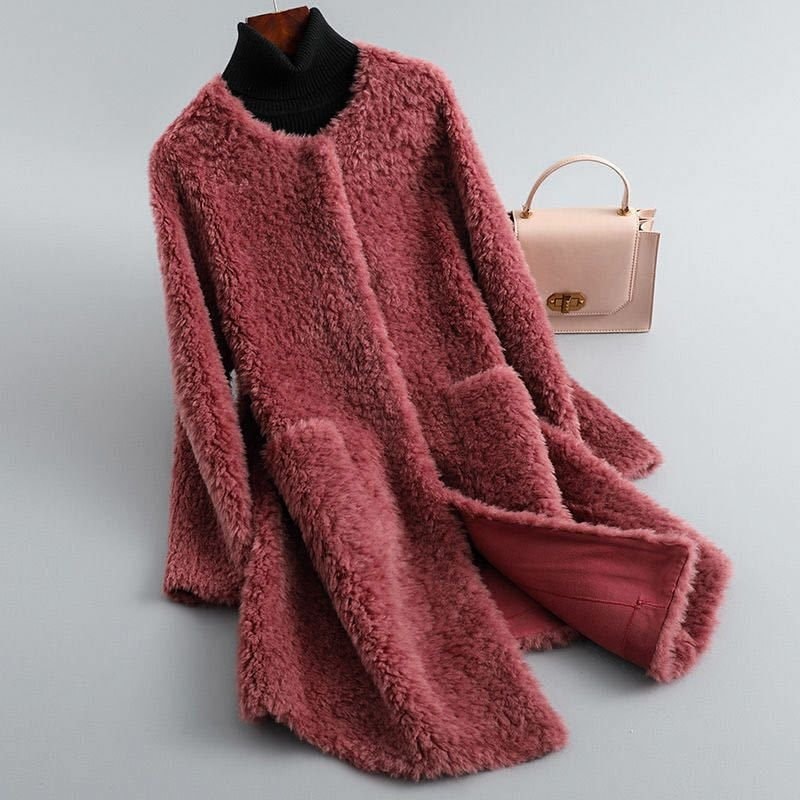 Burgundy plush open-front longline coat displayed with its extended front panels and matching burgundy lining visible.
