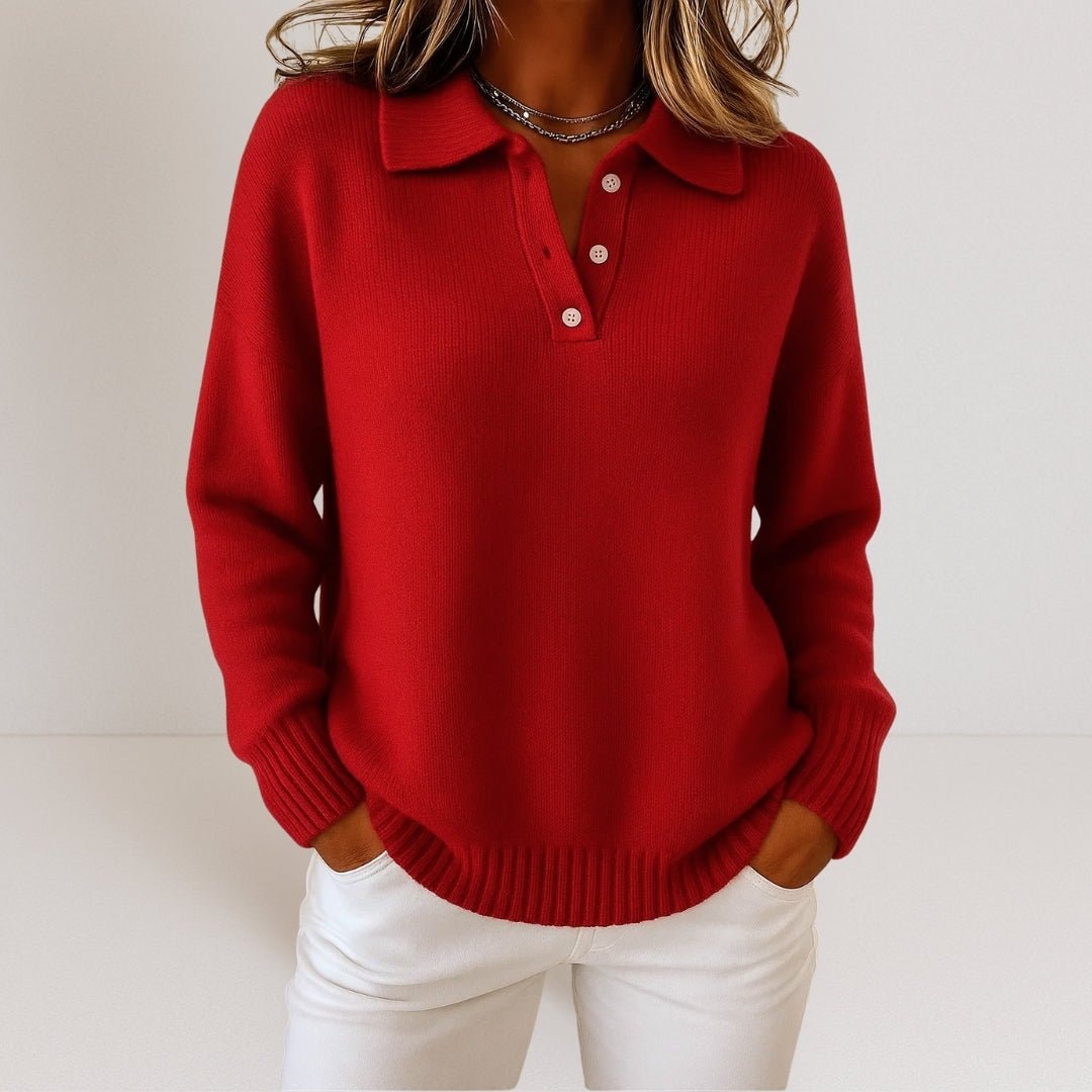 Bright red polo collar sweater with a button placket, relaxed long sleeves, and ribbed cuffs and hem.