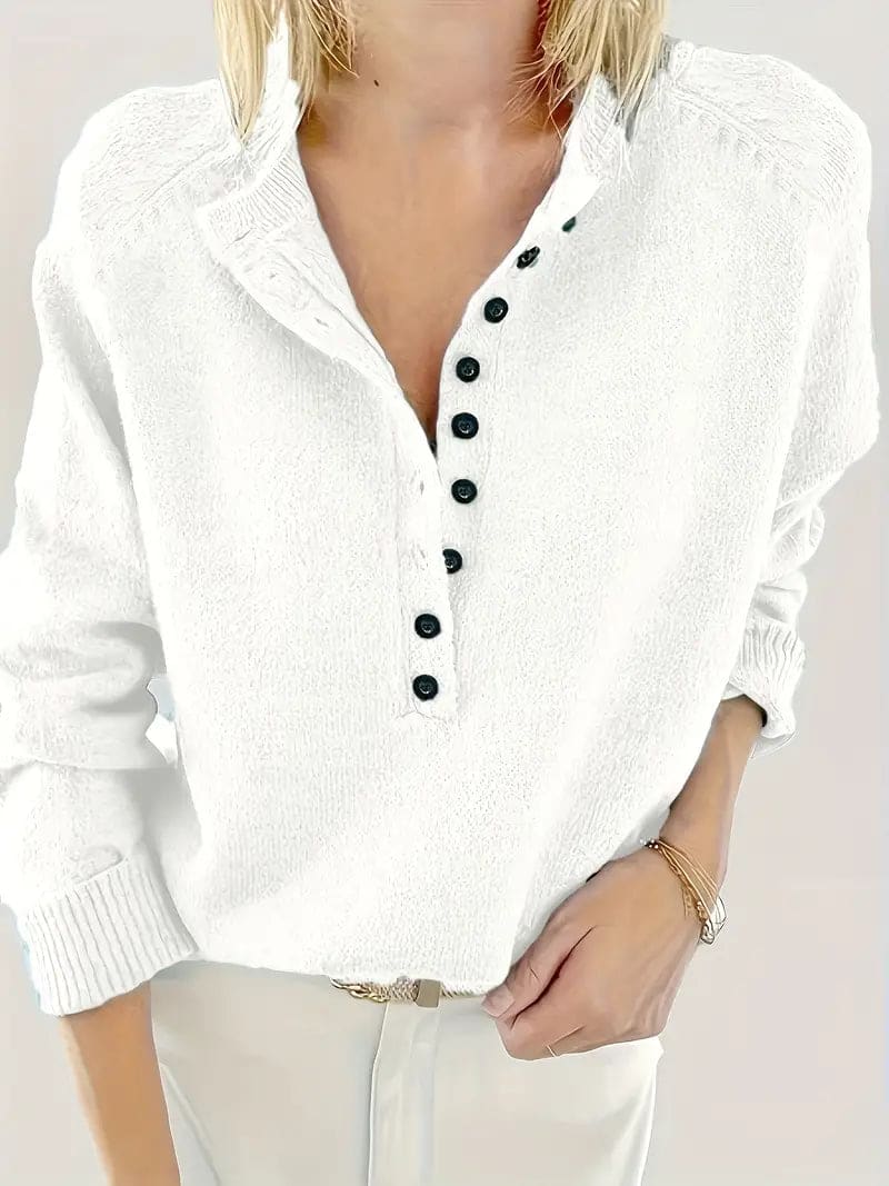 Vicky | Half-button henley knit sweater with stand collar and long sleeves