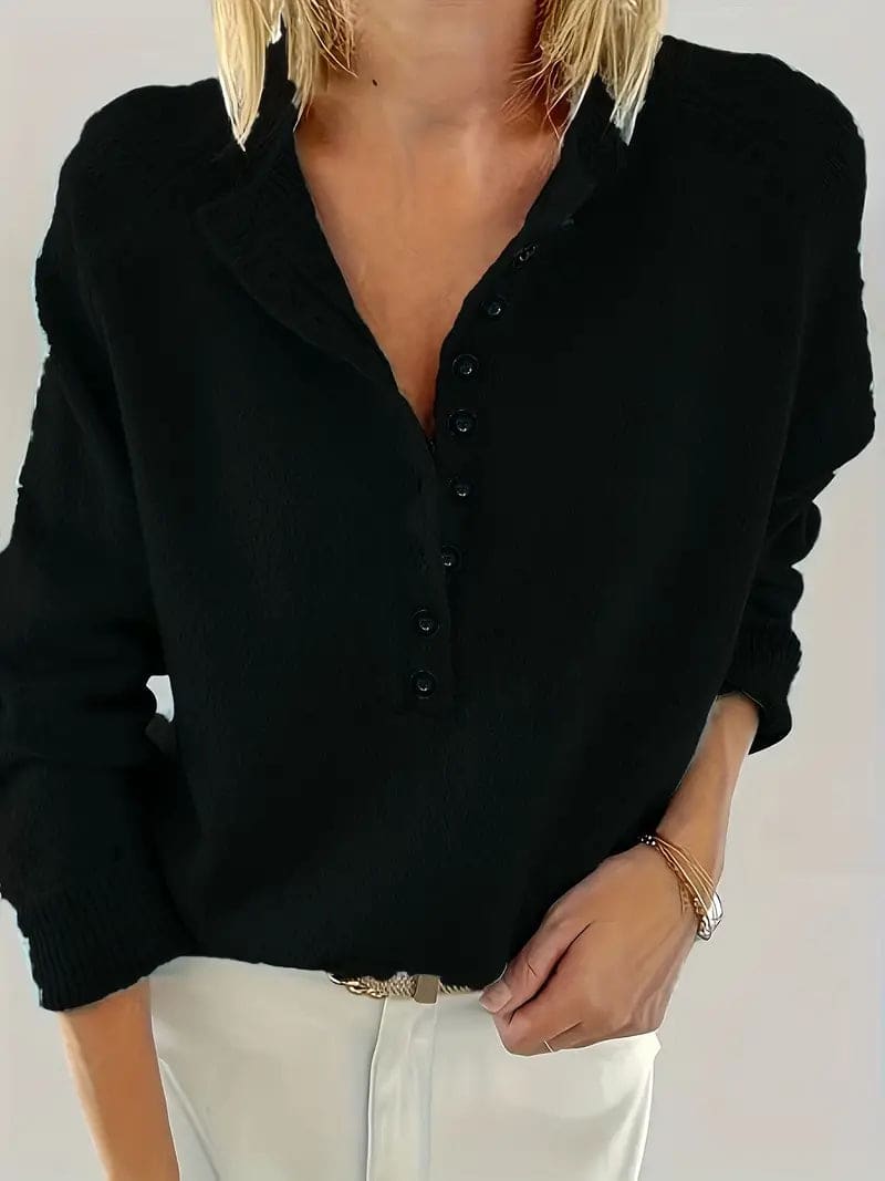 Vicky | Half-button henley knit sweater with stand collar and long sleeves