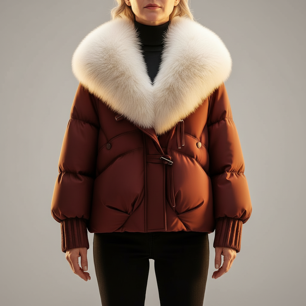 Woman wearing a cropped puffer jacket with oversized collar and belted waist, styled with a black turtleneck and dark pants._0