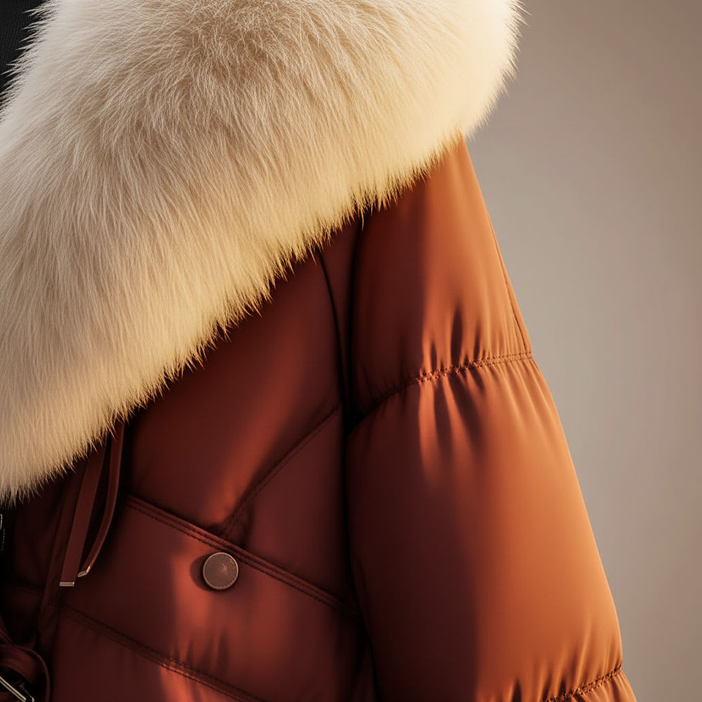 Woman wearing a cropped puffer jacket with oversized collar and belted waist, styled with a black turtleneck and dark pants._2