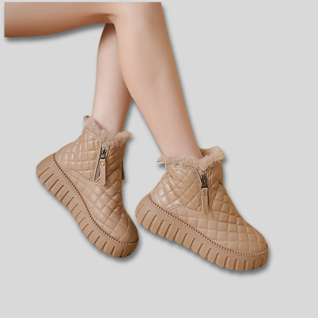 Model wearing quilted ankle boots with faux fur trim, side zipper, and chunky platform sole._0