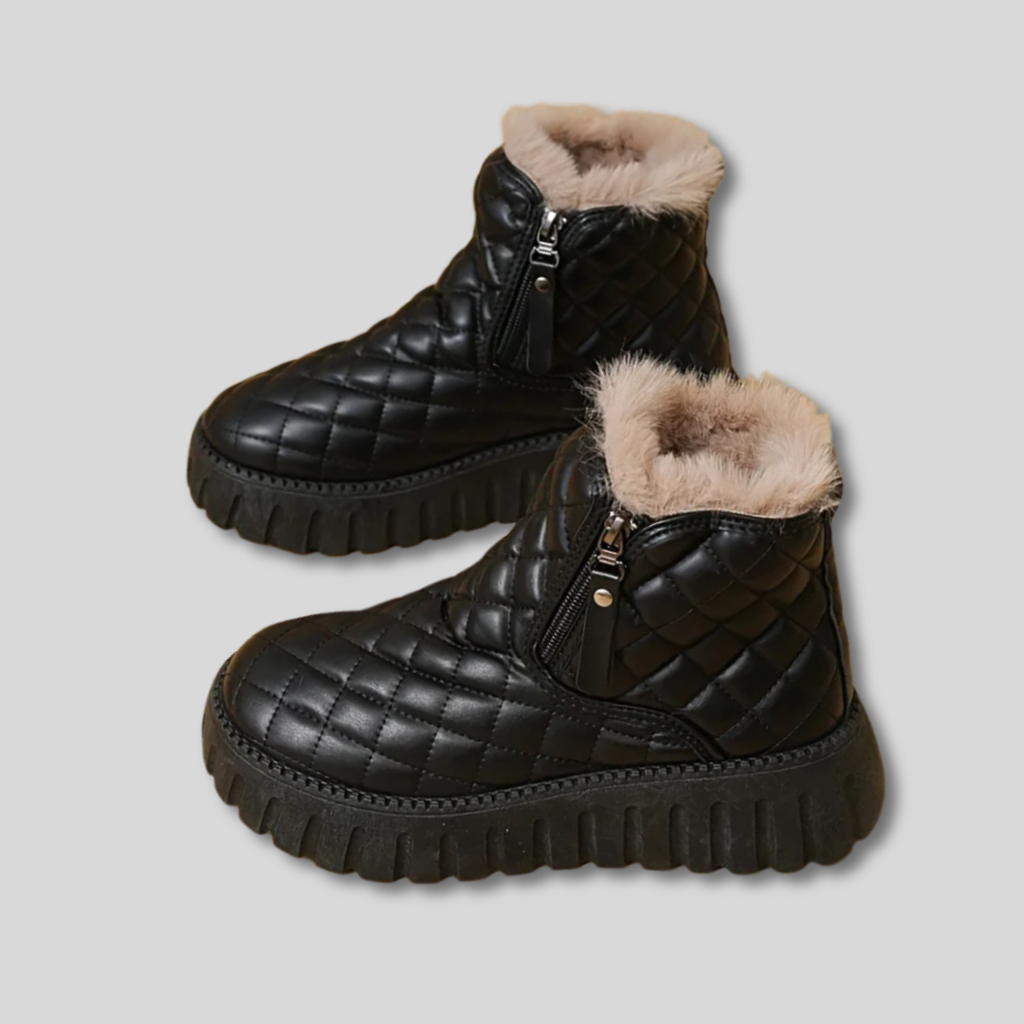 Model wearing quilted ankle boots with faux fur trim, side zipper, and chunky platform sole._3