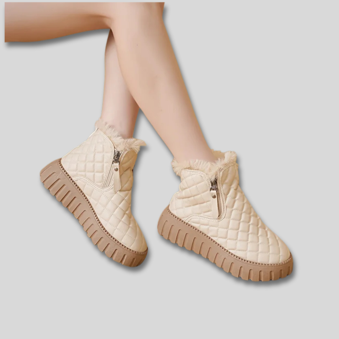 Model wearing quilted ankle boots with faux fur trim, side zipper, and chunky platform sole._4