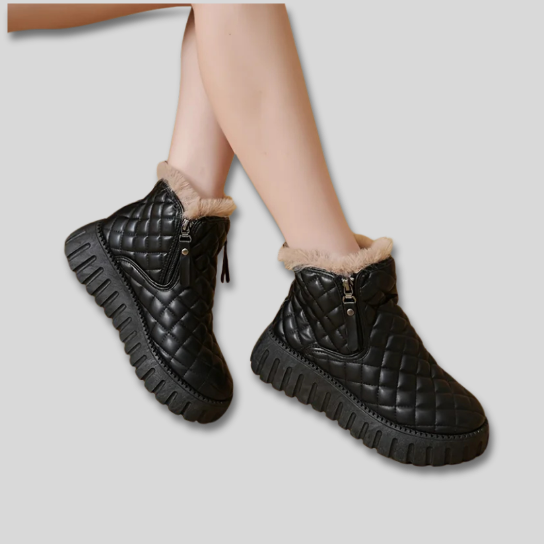 Model wearing quilted ankle boots with faux fur trim, side zipper, and chunky platform sole._5