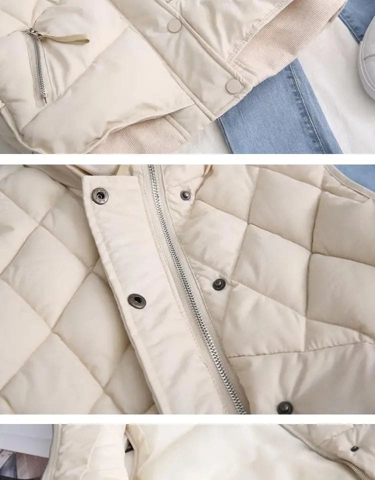 Model wearing a cream quilted vest with stand collar over a neutral sweater and brown trousers._18
