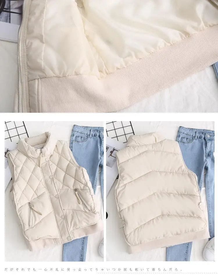 Model wearing a cream quilted vest with stand collar over a neutral sweater and brown trousers._19