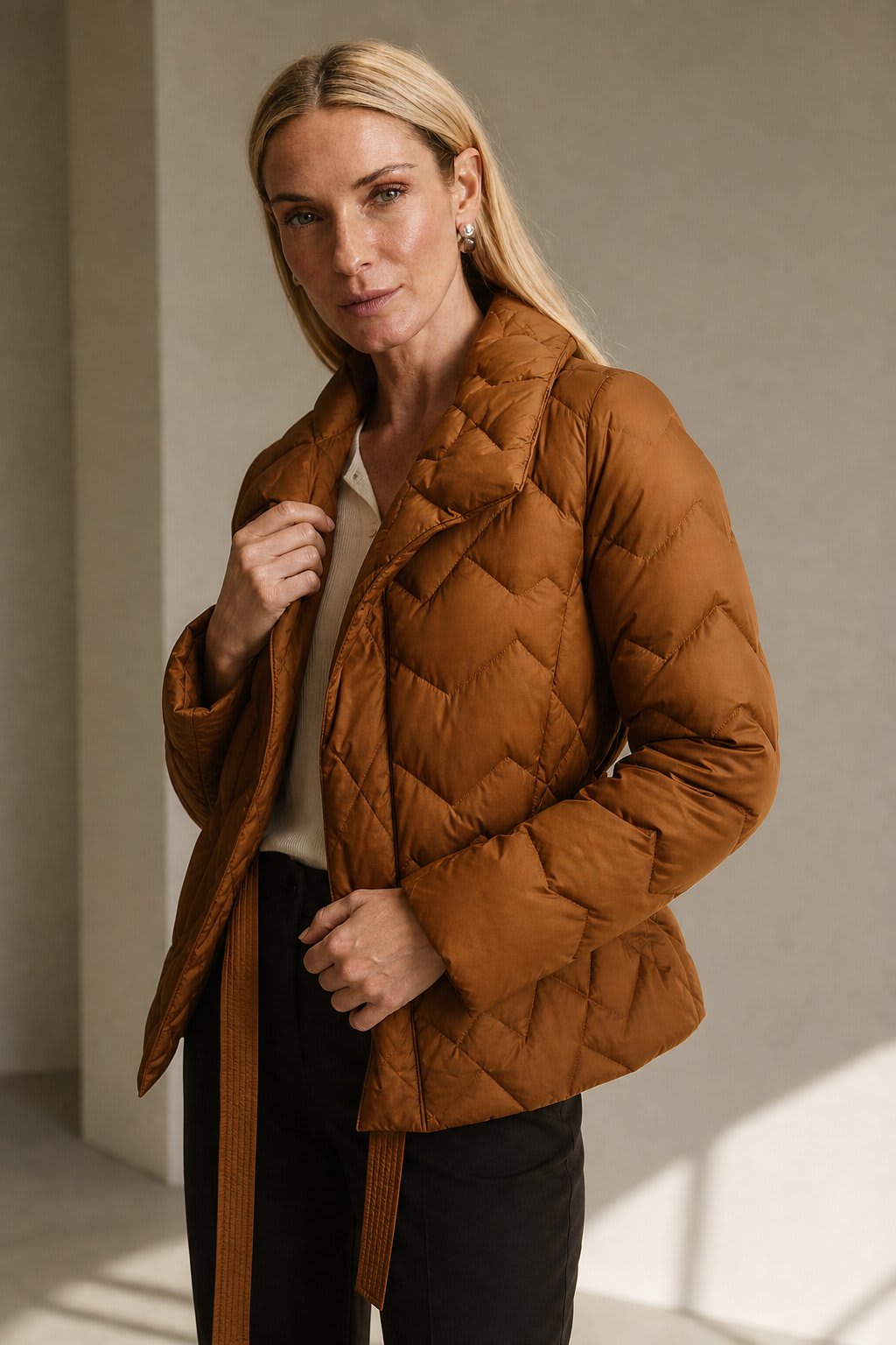 Woman wearing a quilted jacket with wrap front and tie belt in a warm neutral tone._0