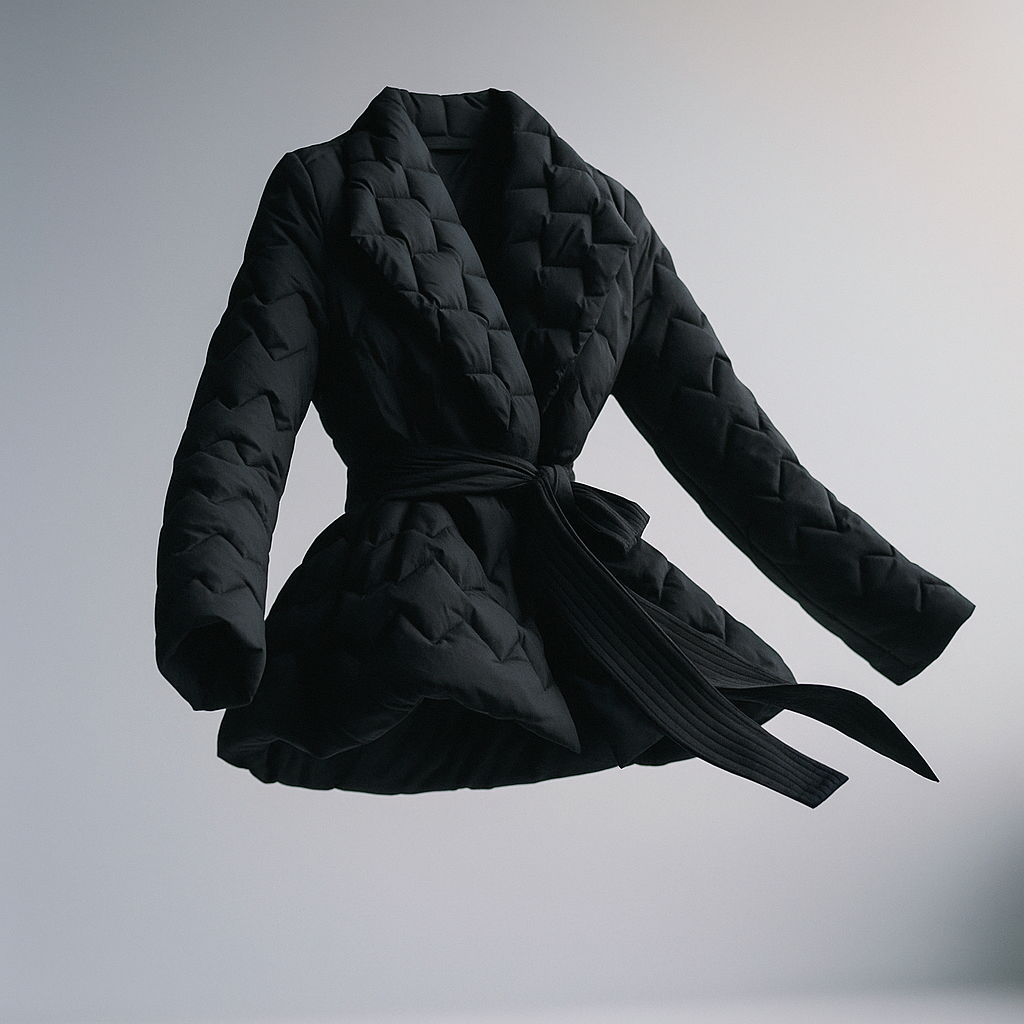 Woman wearing a quilted jacket with wrap front and tie belt in a warm neutral tone._10