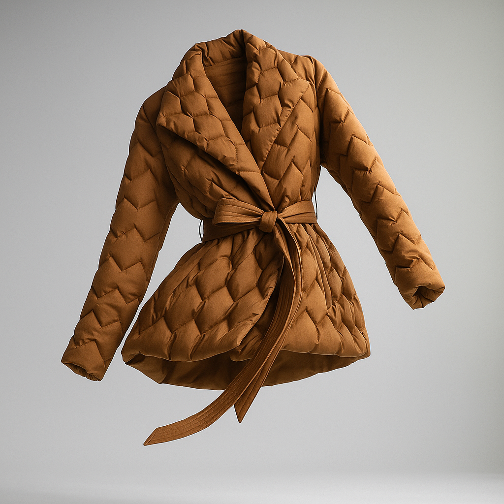 Woman wearing a quilted jacket with wrap front and tie belt in a warm neutral tone._11