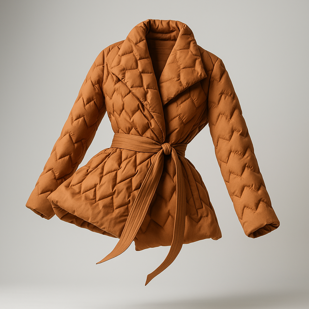 Woman wearing a quilted jacket with wrap front and tie belt in a warm neutral tone._12