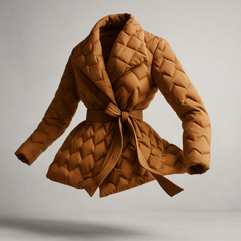 Woman wearing a quilted jacket with wrap front and tie belt in a warm neutral tone._13