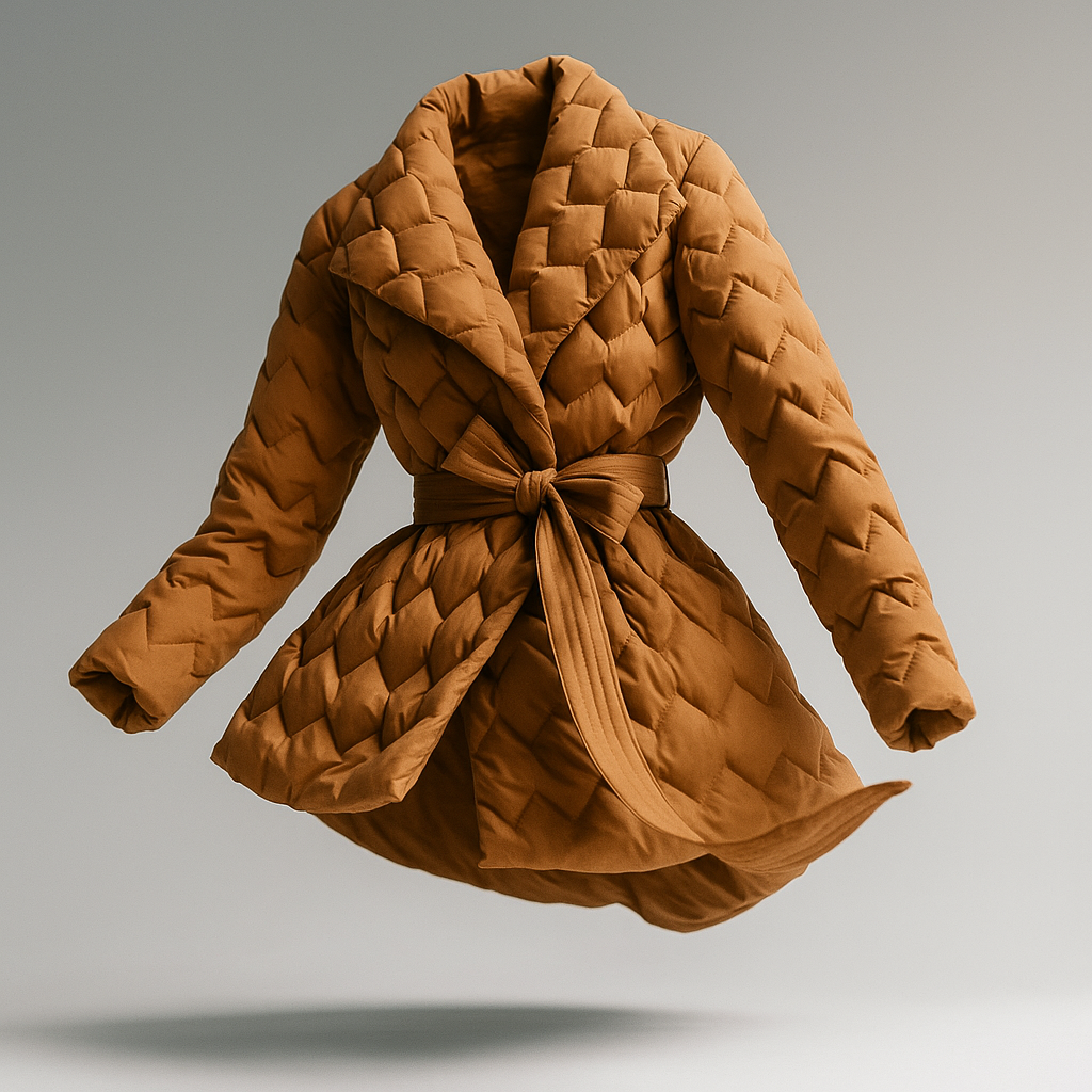 Woman wearing a quilted jacket with wrap front and tie belt in a warm neutral tone._14
