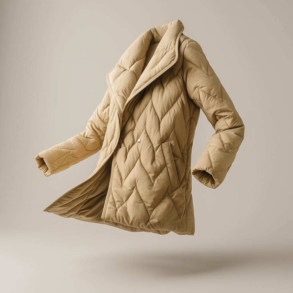 Woman wearing a quilted jacket with wrap front and tie belt in a warm neutral tone._15