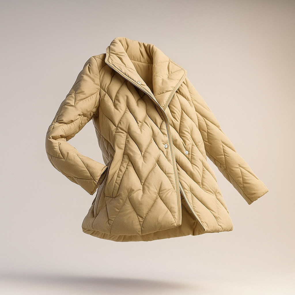 Woman wearing a quilted jacket with wrap front and tie belt in a warm neutral tone._16