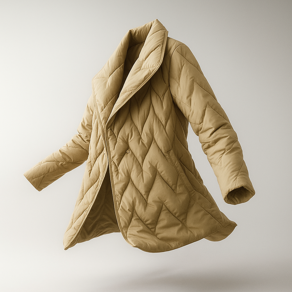 Woman wearing a quilted jacket with wrap front and tie belt in a warm neutral tone._17