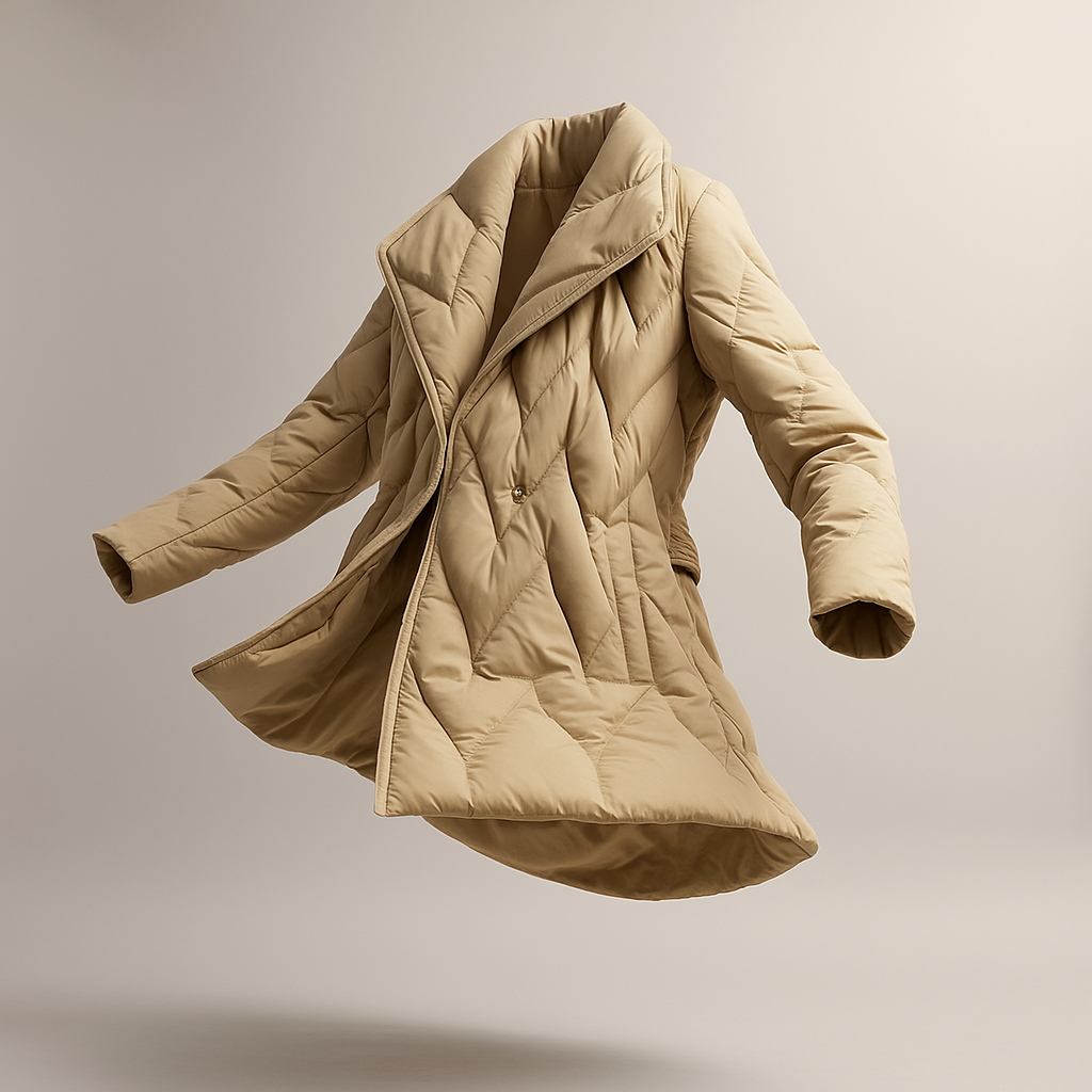 Woman wearing a quilted jacket with wrap front and tie belt in a warm neutral tone._18