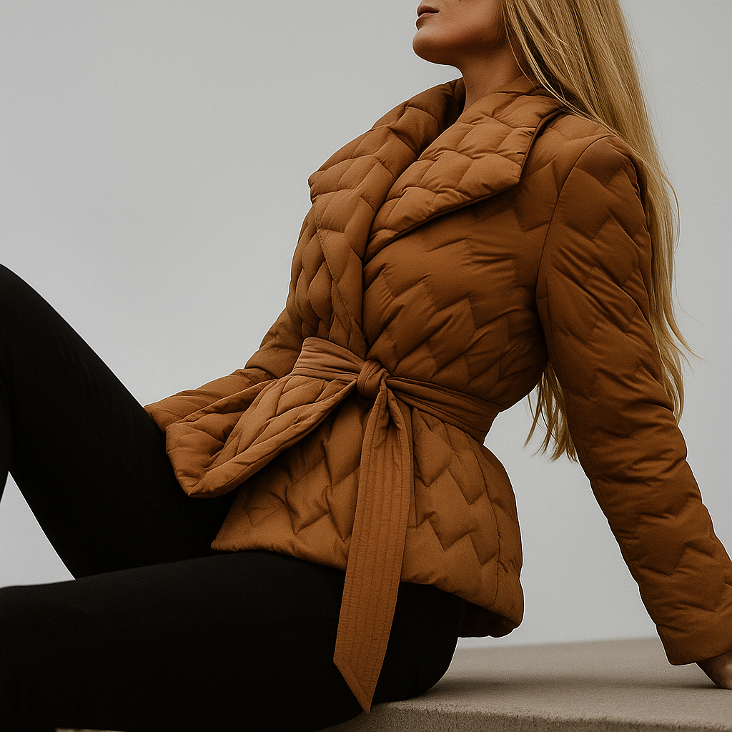 Woman wearing a quilted jacket with wrap front and tie belt in a warm neutral tone._19