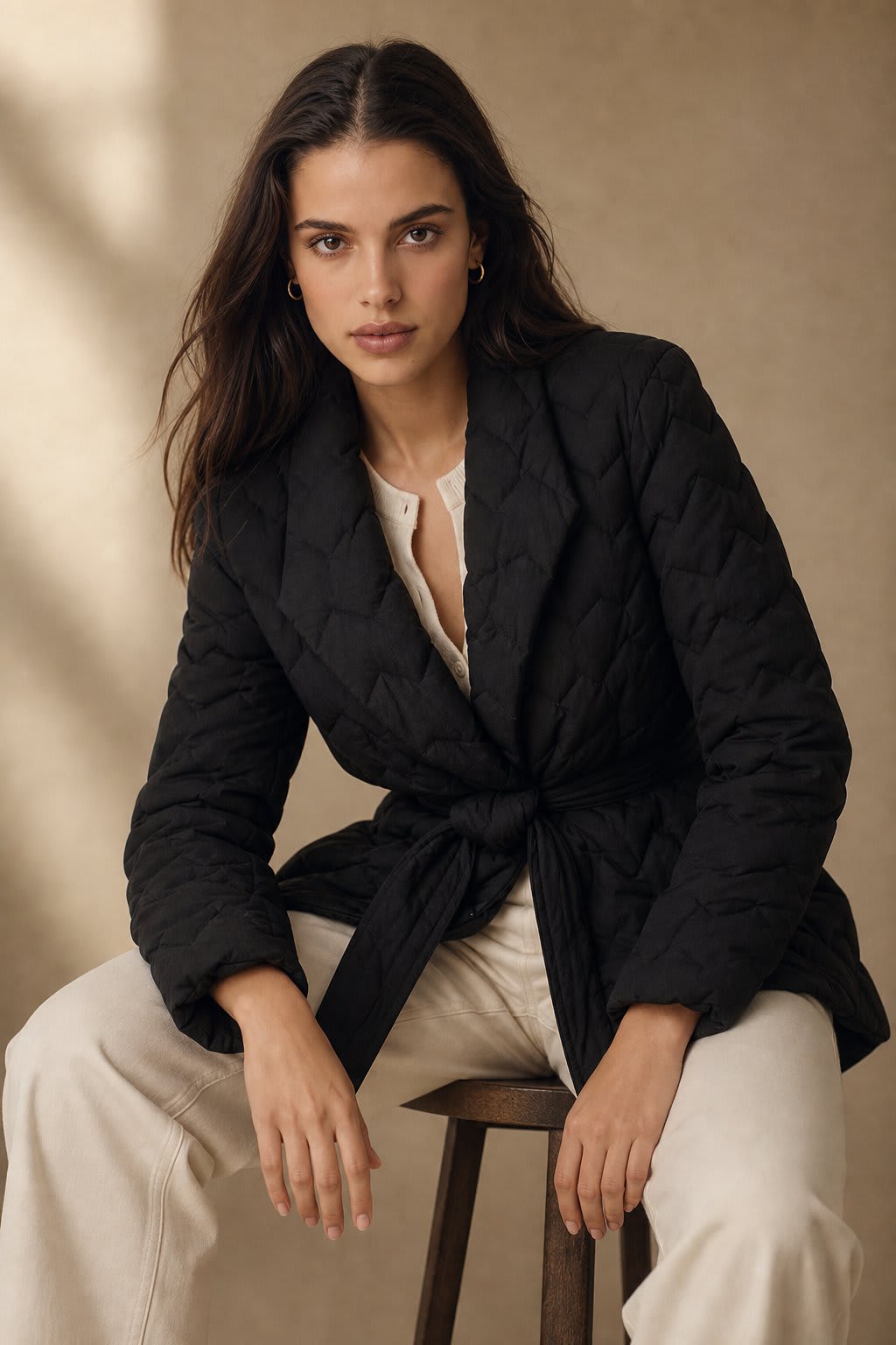 Woman wearing a quilted jacket with wrap front and tie belt in a warm neutral tone._2