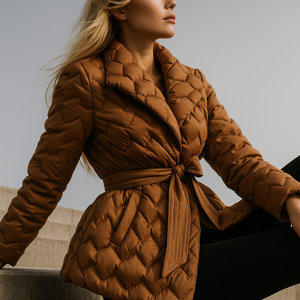 Woman wearing a quilted jacket with wrap front and tie belt in a warm neutral tone._20