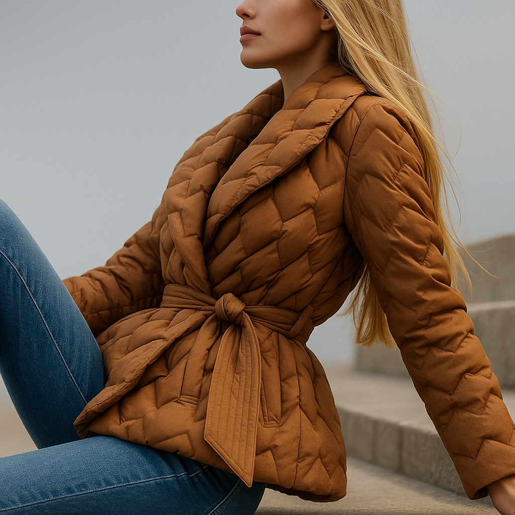 Woman wearing a quilted jacket with wrap front and tie belt in a warm neutral tone._21