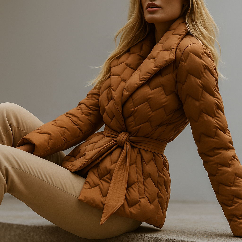 Woman wearing a quilted jacket with wrap front and tie belt in a warm neutral tone._22