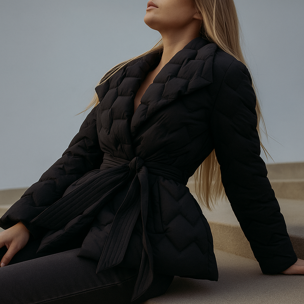 Woman wearing a quilted jacket with wrap front and tie belt in a warm neutral tone._23