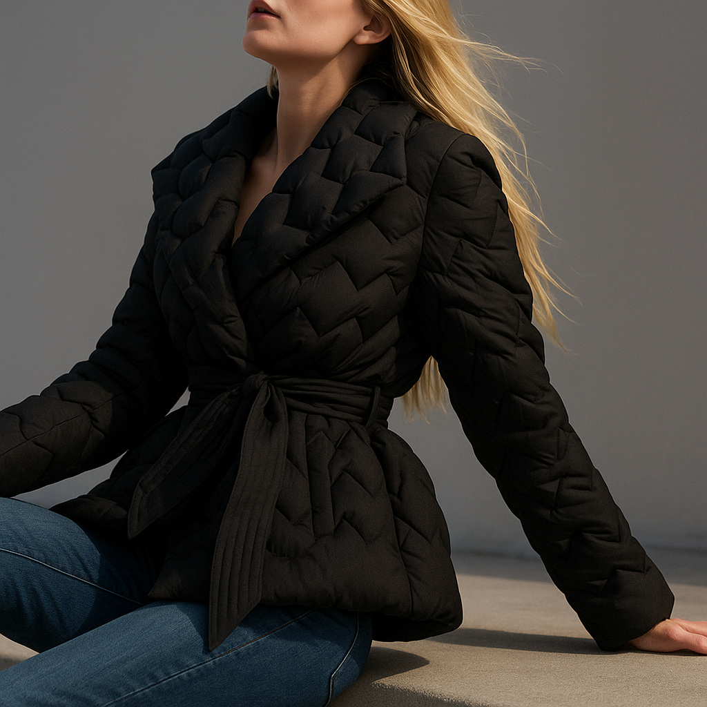 Woman wearing a quilted jacket with wrap front and tie belt in a warm neutral tone._26