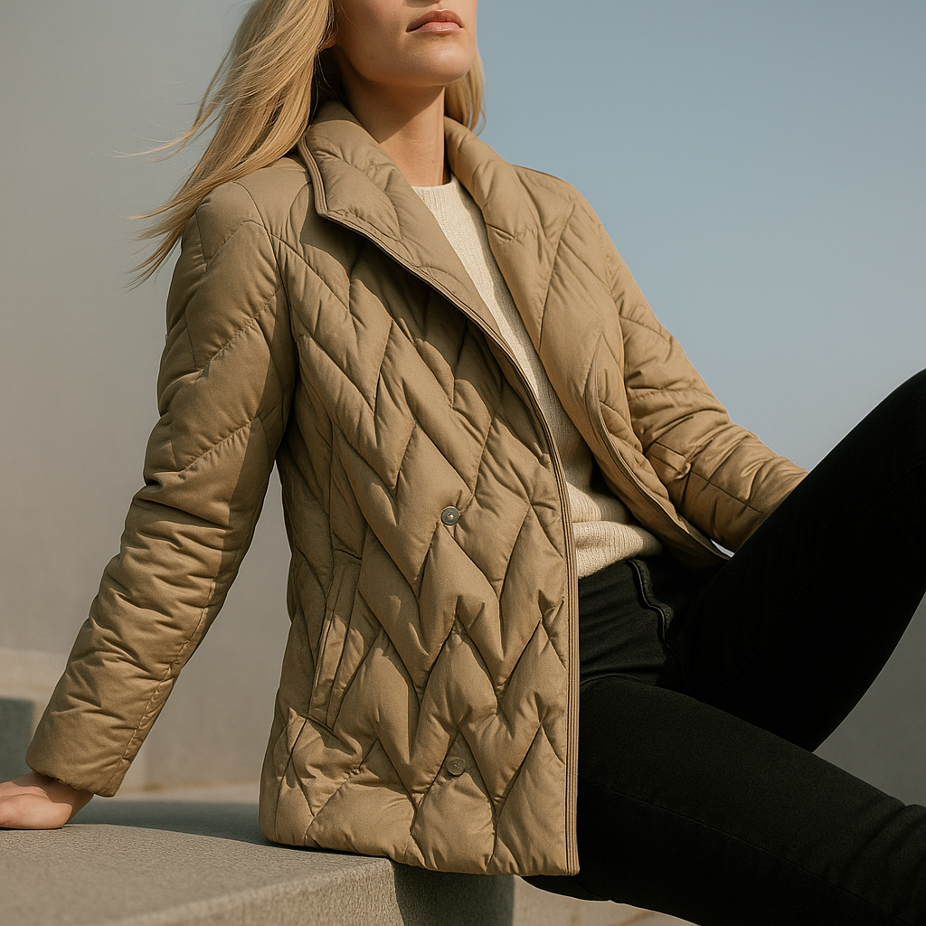 Woman wearing a quilted jacket with wrap front and tie belt in a warm neutral tone._27