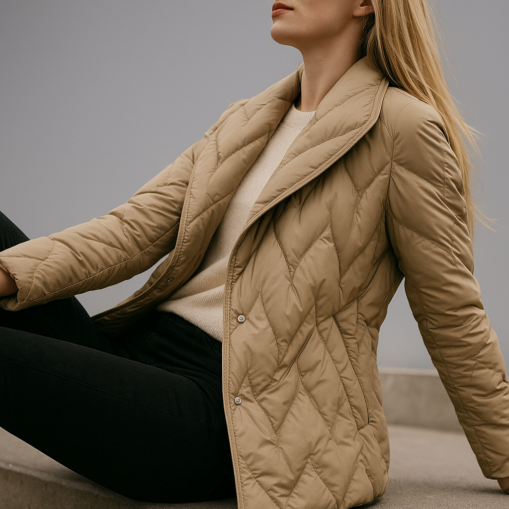 Woman wearing a quilted jacket with wrap front and tie belt in a warm neutral tone._28