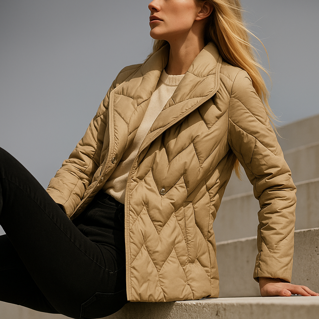 Woman wearing a quilted jacket with wrap front and tie belt in a warm neutral tone._29
