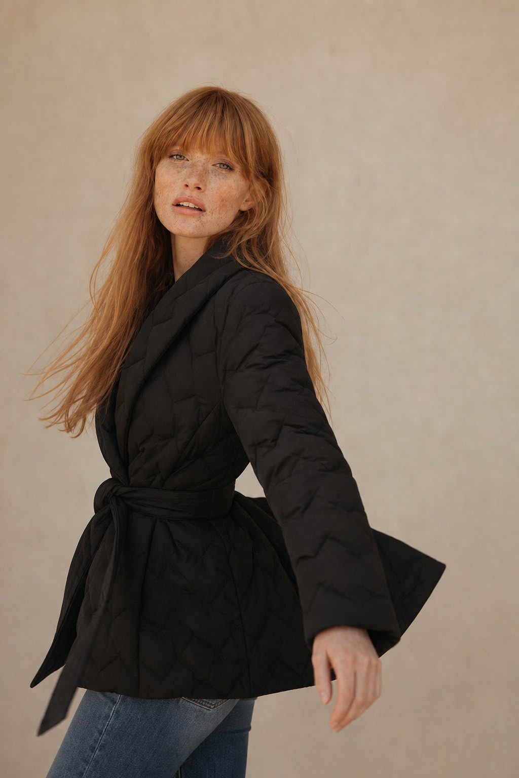 Kelly | quilted wrap jacket with belted waist and diamond pattern
