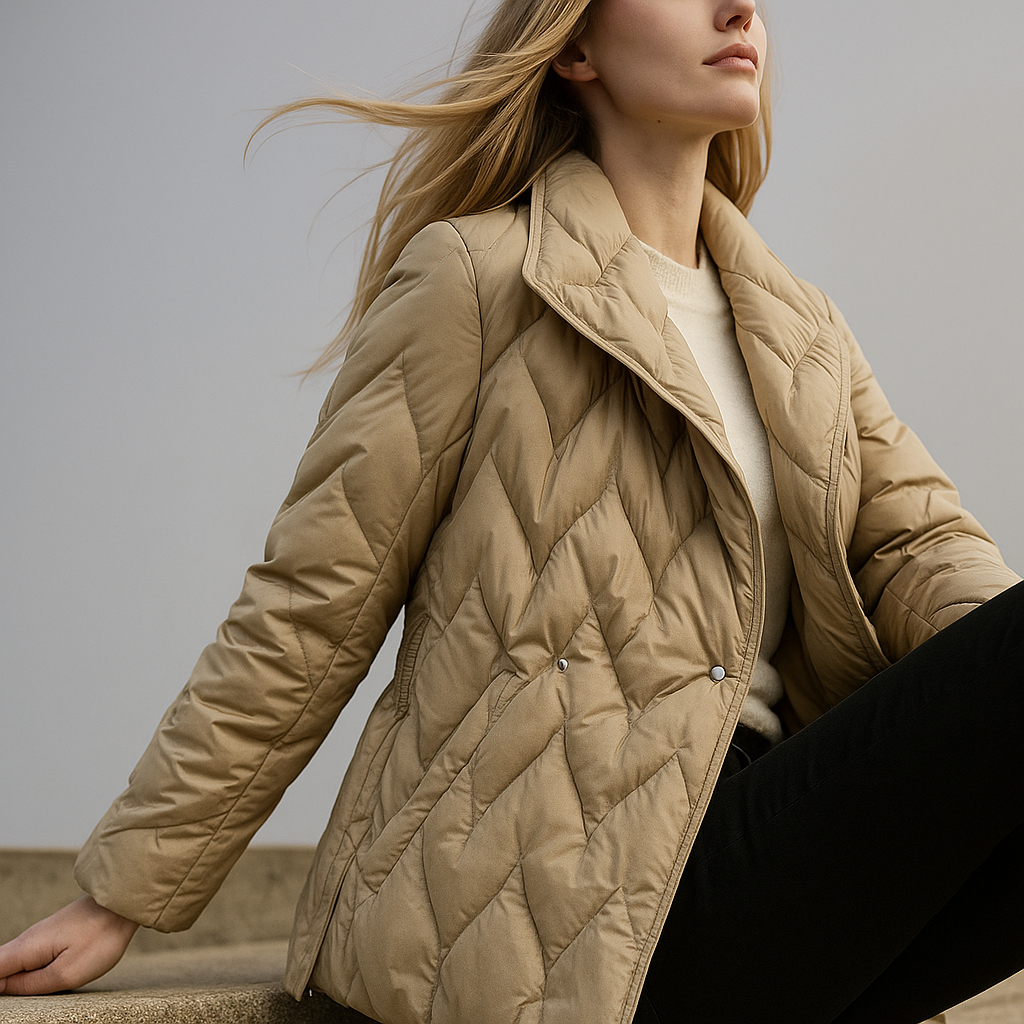 Woman wearing a quilted jacket with wrap front and tie belt in a warm neutral tone._30