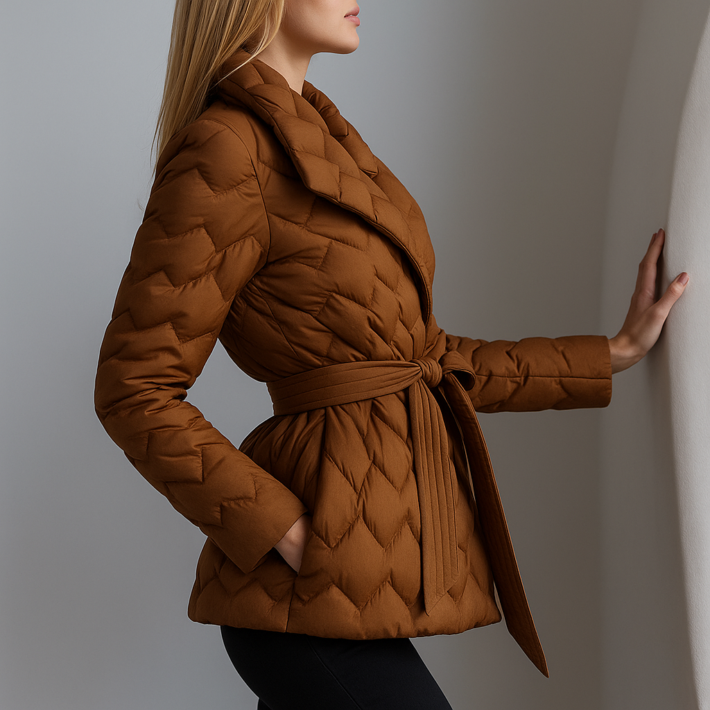 Woman wearing a quilted jacket with wrap front and tie belt in a warm neutral tone._32