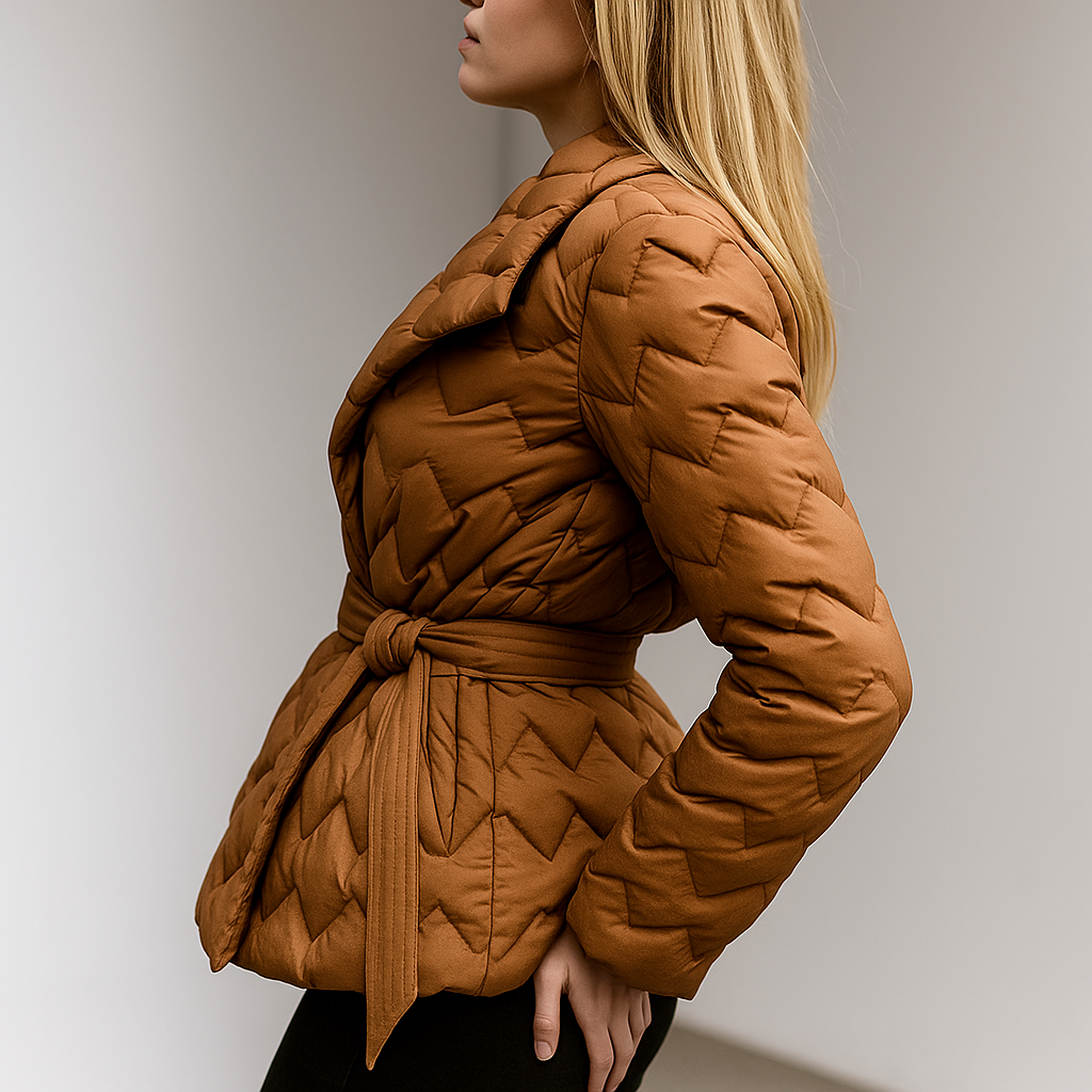 Woman wearing a quilted jacket with wrap front and tie belt in a warm neutral tone._33