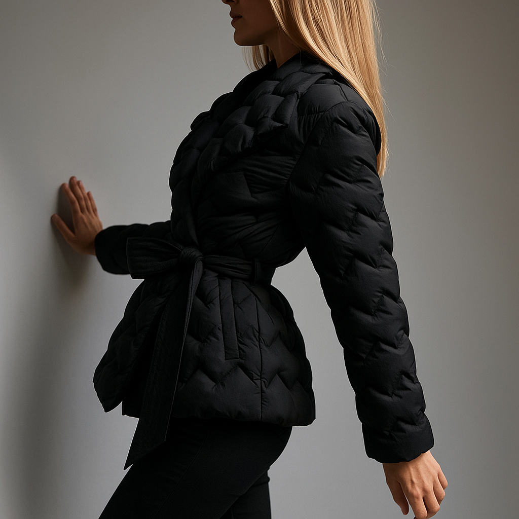 Woman wearing a quilted jacket with wrap front and tie belt in a warm neutral tone._35