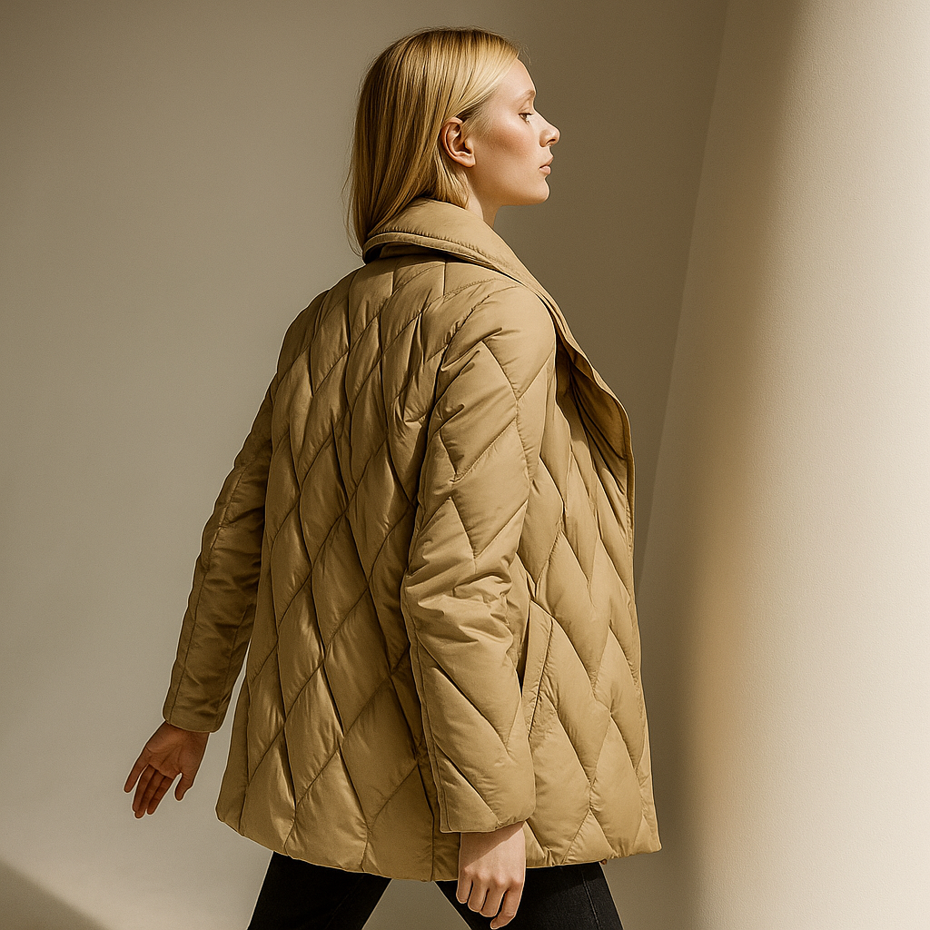 Woman wearing a quilted jacket with wrap front and tie belt in a warm neutral tone._38