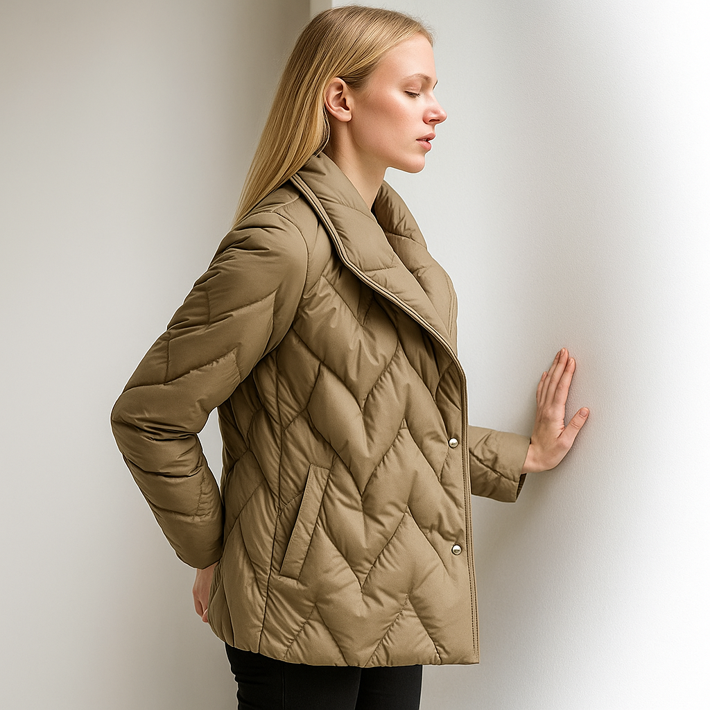 Woman wearing a quilted jacket with wrap front and tie belt in a warm neutral tone._40