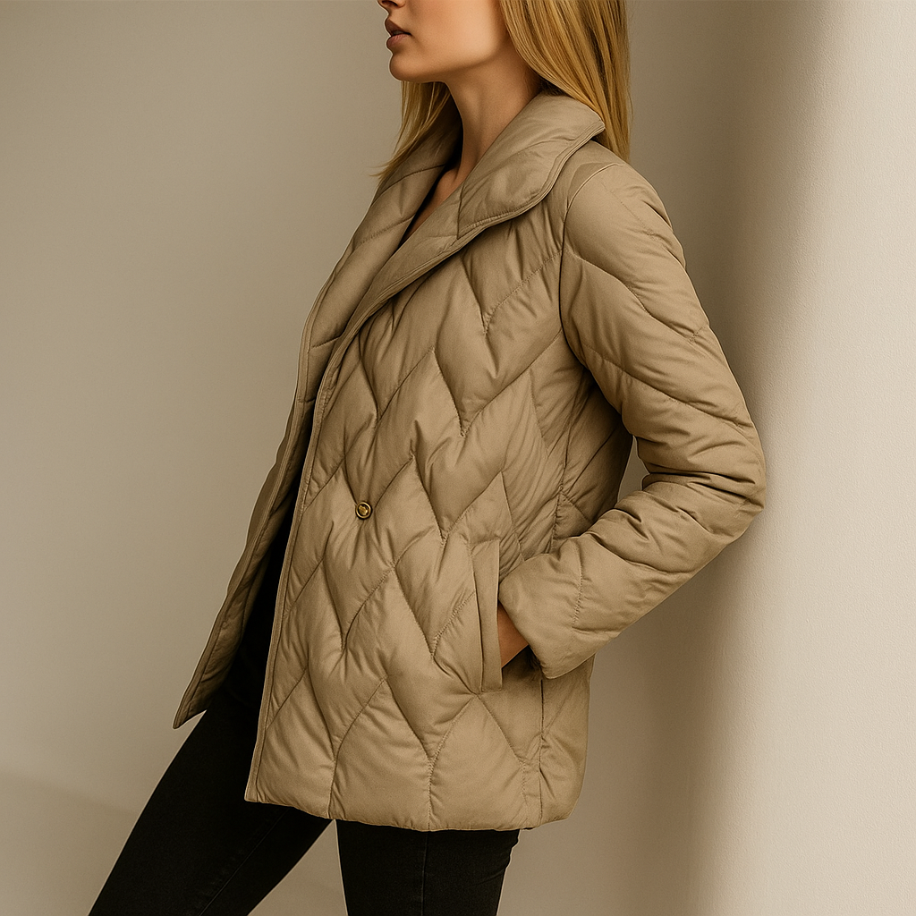 Woman wearing a quilted jacket with wrap front and tie belt in a warm neutral tone._41